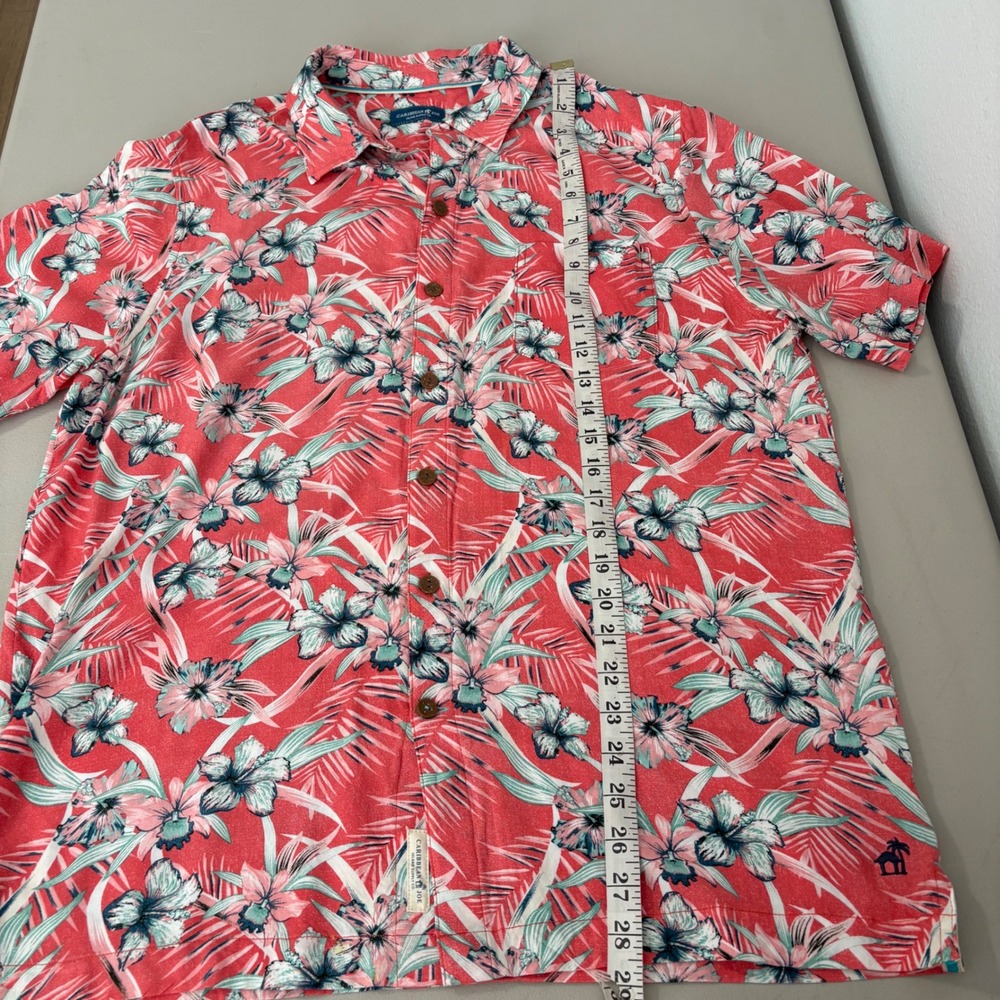 Caribbean Joe Mens Large Tropical Floral Rayon Button Down Shirt Coral Pink Blue - Picture 6 of 8